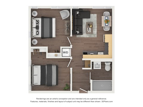Floor plan for 2 beds, 1 bath, 593 sqft